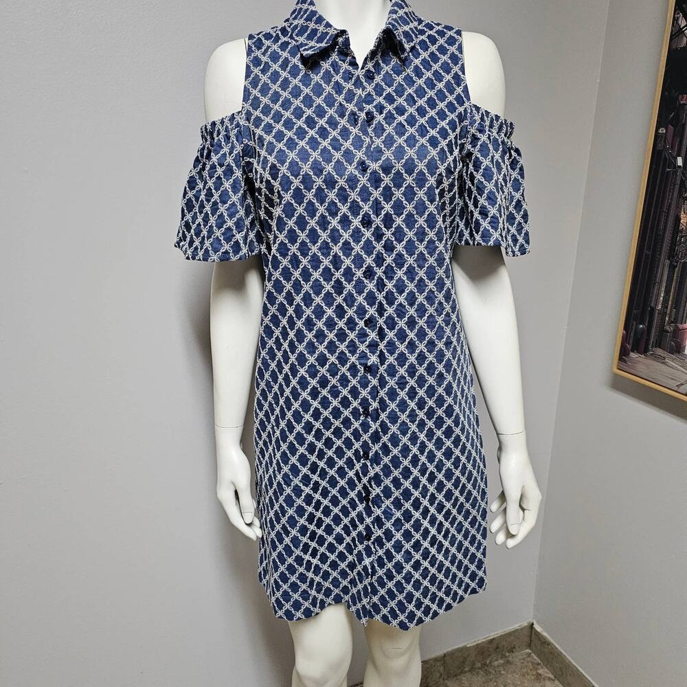 Trina Turk CALI Cold-Shoulder Embroidered Shirt Dres Chambray - Size 2